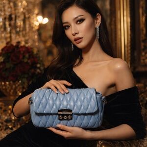 Badgley Mischka Blue Mini Quilted Messenger Crossbody Vegan Leather